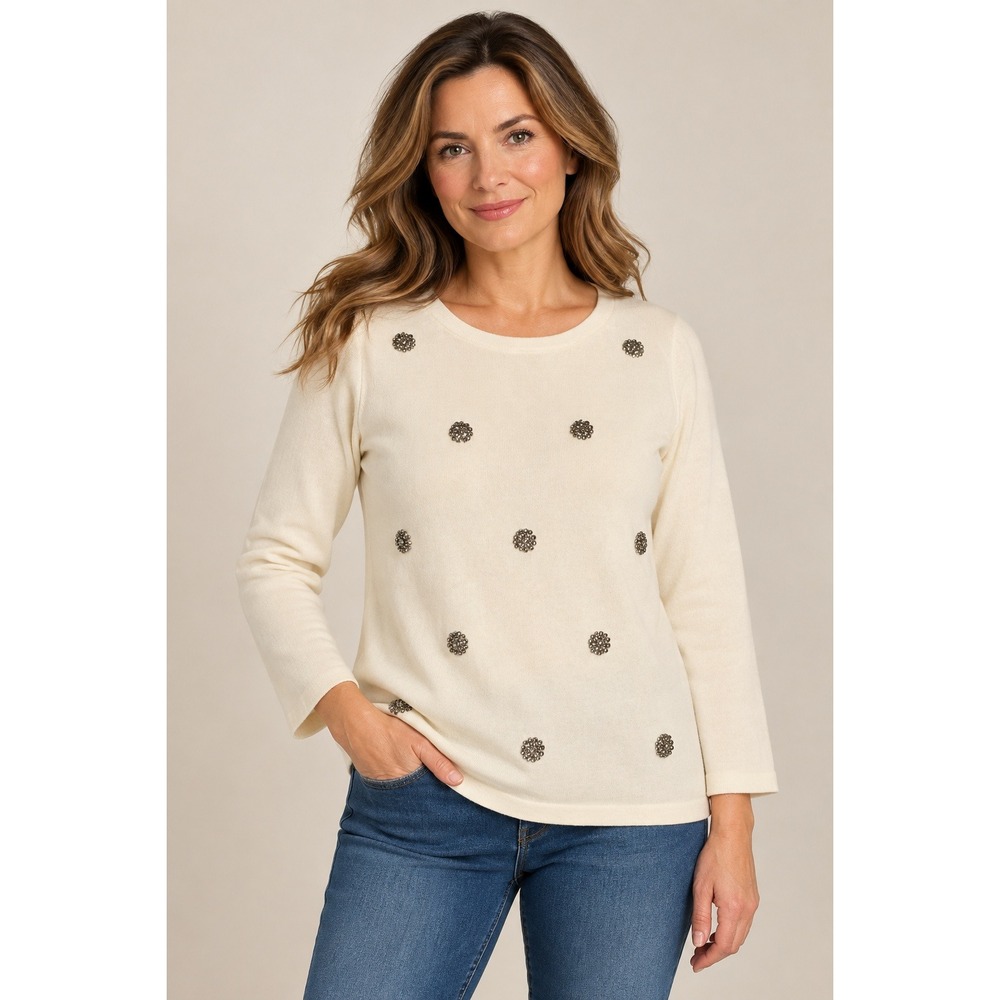 Talbots Cotton Silk Sweater Womens Small Ivory Rhinestone Embellished NWOT